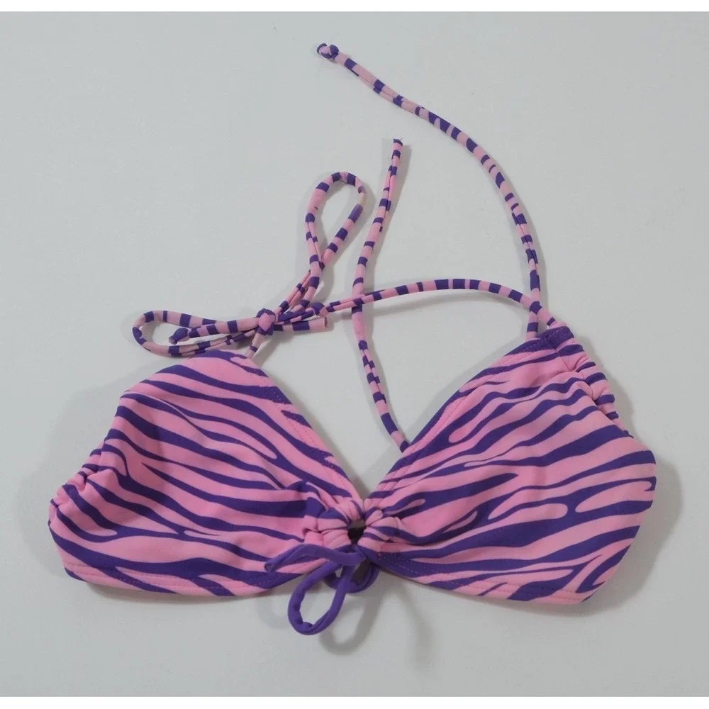 Joe Boxer Bikini Top Women‎ M Pink Zebra Print Halter Juniors Animal Swimwear
